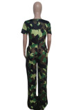 Grey Elegant Gradient Camouflage Print Patchwork Pocket V Neck Loose Jumpsuits