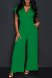 Green Casual Elegant Solid Patchwork Pocket V Neck Regular Jumpsuits