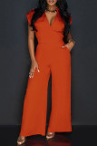 Tangerine Red Casual Elegant Solid Patchwork Pocket V Neck Regular Jumpsuits