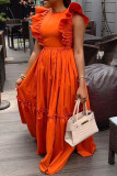 Tangerine Red Sweet Elegant Solid Patchwork Flounce Fold O Neck A Line Dresses