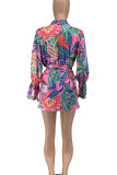 Rose Red Street Print Patchwork Buckle Turndown Collar Long Sleeve Two Pieces