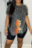 Dark Gray Casual Print Patchwork O Neck Short Sleeve Two Pieces