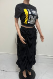 Black Casual Print Patchwork Draw String Fold O Neck Short Sleeve Two Pieces