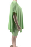 Green Casual Solid Patchwork Slit V Neck Plus Size Two Pieces