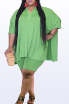 Green Casual Solid Patchwork Slit V Neck Plus Size Two Pieces