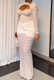 White Sweet Elegant Solid Lace Bandage Hollowed Out Patchwork Buttons See-through Backless Cross Straps Slit Mandarin Collar Long Dresses