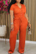 Tangerine Red Casual Solid Patchwork Draw String Pocket Buckle V Neck Short Sleeve Two Pieces