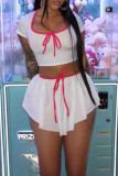 White Street Bandage Patchwork Fold Contrast U Neck Short Sleeve Two Pieces