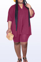 Burgundy Casual Solid Patchwork Slit V Neck Plus Size Two Pieces