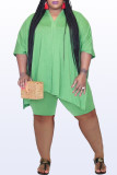 Green Casual Solid Patchwork Slit V Neck Plus Size Two Pieces