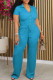 Blue Casual Solid Patchwork Draw String Pocket Buckle V Neck Short Sleeve Two Pieces