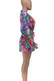 Rose Red Street Print Patchwork Buckle Turndown Collar Long Sleeve Two Pieces