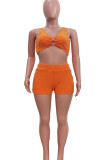 Tangerine Red Celebrities Solid Hollowed Out Patchwork Backless V Neck Sleeveless Two Pieces