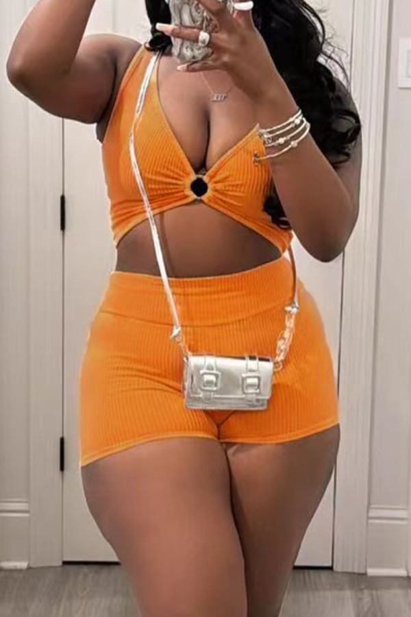 Tangerine Red Celebrities Solid Hollowed Out Patchwork Backless V Neck Sleeveless Two Pieces