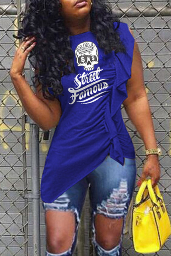 White Casual Print Patchwork Flounce Fold O Neck T-Shirts