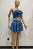 Sky Blue Sexy Street Solid Patchwork Buckle Sleeveless Two Pieces