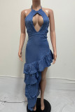Blue Elegant Solid Bandage Hollowed Out Patchwork Backless Flounce Fold Halter Cake Skirt Dresses
