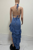 Blue Elegant Solid Bandage Hollowed Out Patchwork Backless Flounce Fold Halter Cake Skirt Dresses