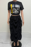 Black Casual Print Patchwork Draw String Fold O Neck Short Sleeve Two Pieces