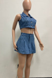 Sky Blue Sexy Plaid Patchwork Buckle Buttons Zipper Turndown Collar Sleeveless Two Pieces