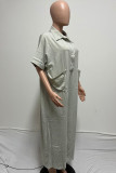 Gray White Casual Solid Patchwork Pocket Buckle Turndown Collar Loose Jumpsuits