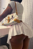 White Street Bandage Patchwork Fold Contrast U Neck Short Sleeve Two Pieces