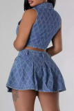Sky Blue Sexy Plaid Patchwork Buckle Buttons Zipper Turndown Collar Sleeveless Two Pieces