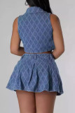 Sky Blue Sexy Plaid Patchwork Buckle Buttons Zipper Turndown Collar Sleeveless Two Pieces