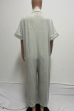 Gray White Casual Solid Patchwork Pocket Buckle Turndown Collar Loose Jumpsuits