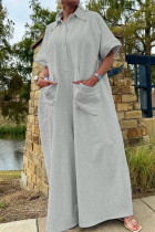 Gray White Casual Solid Patchwork Pocket Buckle Turndown Collar Loose Jumpsuits