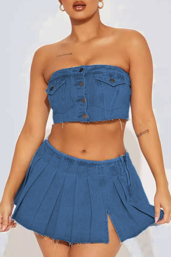 Sky Blue Sexy Street Solid Patchwork Buckle Sleeveless Two Pieces