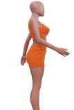 Tangerine Red Celebrities Solid Hollowed Out Patchwork Backless V Neck Sleeveless Two Pieces