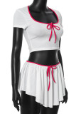 White Street Bandage Patchwork Fold Contrast U Neck Short Sleeve Two Pieces