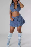 Sky Blue Sexy Plaid Patchwork Buckle Buttons Zipper Turndown Collar Sleeveless Two Pieces