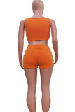Tangerine Red Celebrities Solid Hollowed Out Patchwork Backless V Neck Sleeveless Two Pieces