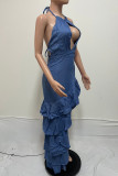 Blue Elegant Solid Bandage Hollowed Out Patchwork Backless Flounce Fold Halter Cake Skirt Dresses