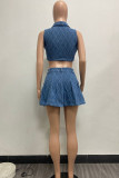 Sky Blue Sexy Plaid Patchwork Buckle Buttons Zipper Turndown Collar Sleeveless Two Pieces