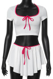 White Street Bandage Patchwork Fold Contrast U Neck Short Sleeve Two Pieces