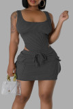 Black Sweet Solid Patchwork Draw String Pocket Square Collar Sleeveless Two Pieces