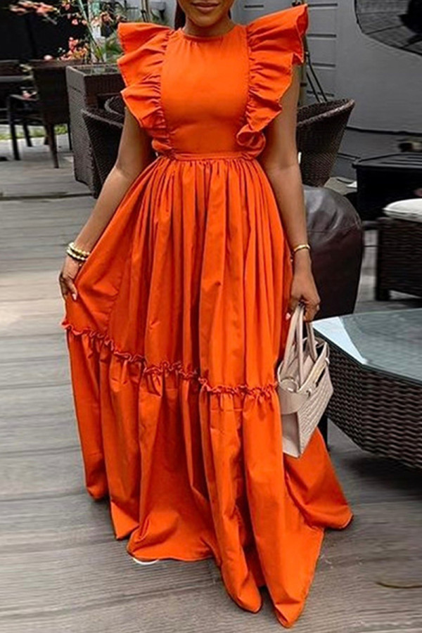 Tangerine Red Sweet Elegant Solid Patchwork Flounce Fold O Neck A Line Dresses