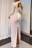 White Sweet Elegant Solid Lace Bandage Hollowed Out Patchwork Buttons See-through Backless Cross Straps Slit Mandarin Collar Long Dresses