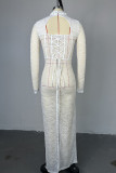 White Sweet Elegant Solid Lace Bandage Hollowed Out Patchwork Buttons See-through Backless Cross Straps Slit Mandarin Collar Long Dresses