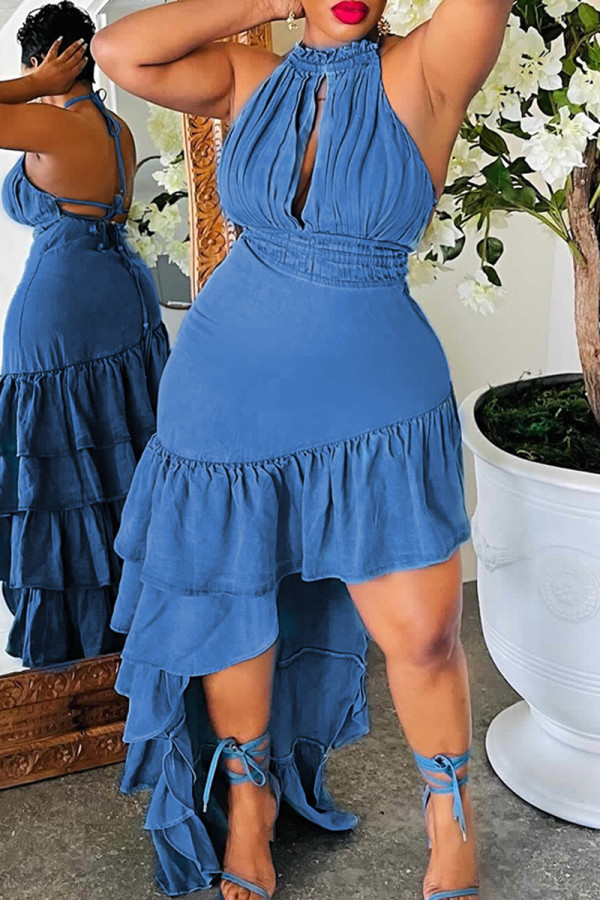 Blue Elegant Solid Bandage Hollowed Out Patchwork Backless Flounce Fold Halter Cake Skirt Dresses