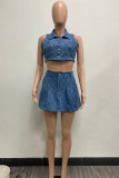 Sky Blue Sexy Plaid Patchwork Buckle Buttons Zipper Turndown Collar Sleeveless Two Pieces