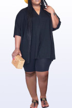Black Casual Solid Patchwork Slit V Neck Plus Size Two Pieces