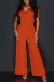 Tangerine Red Casual Elegant Solid Patchwork Pocket V Neck Regular Jumpsuits