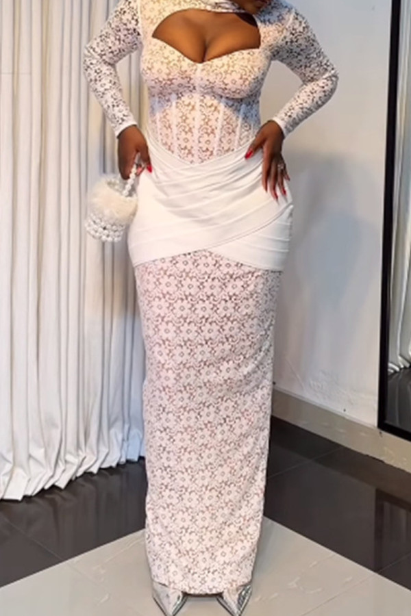 White Sweet Elegant Solid Lace Bandage Hollowed Out Patchwork Buttons See-through Backless Cross Straps Slit Mandarin Collar Long Dresses