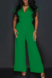 Tangerine Red Casual Elegant Solid Patchwork Pocket V Neck Regular Jumpsuits