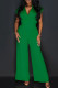 Green Casual Elegant Solid Patchwork Pocket V Neck Regular Jumpsuits