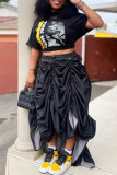 Black Casual Print Patchwork Draw String Fold O Neck Short Sleeve Two Pieces